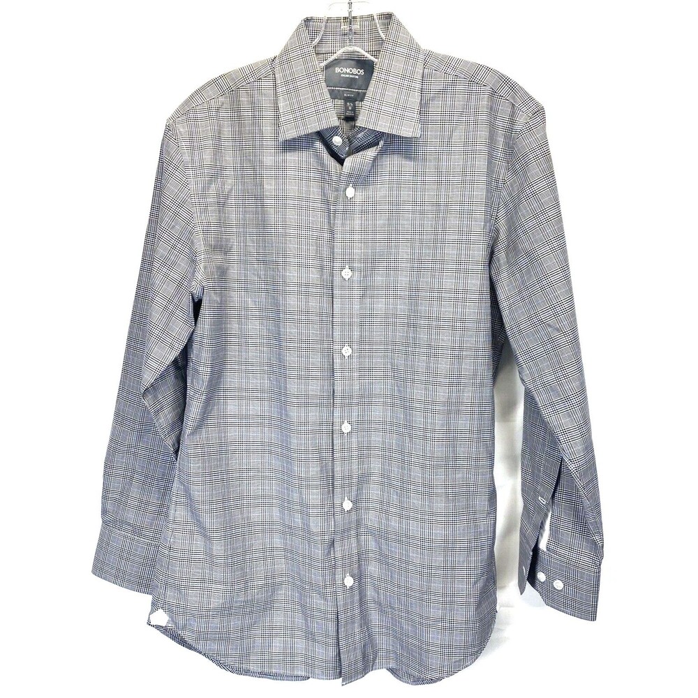 Bonobos Men's Dress Shirt 15.5-32 Blue/Black Plaid Slim Fit Button Up RN128054